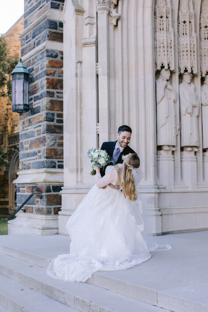 Bride and Groom at Duke Chapel Steps